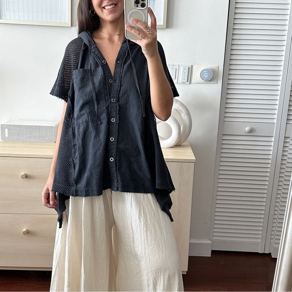 NEW Free People Tunic Womens Medium 100% Cotton Lagenlook Hooded Mesh Top Blouse - Picture 2 of 11